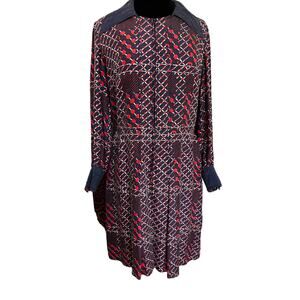 Vintage 70s Blue Red Geometric Silk Midi Pleated Dress Secretary Mod Med Large